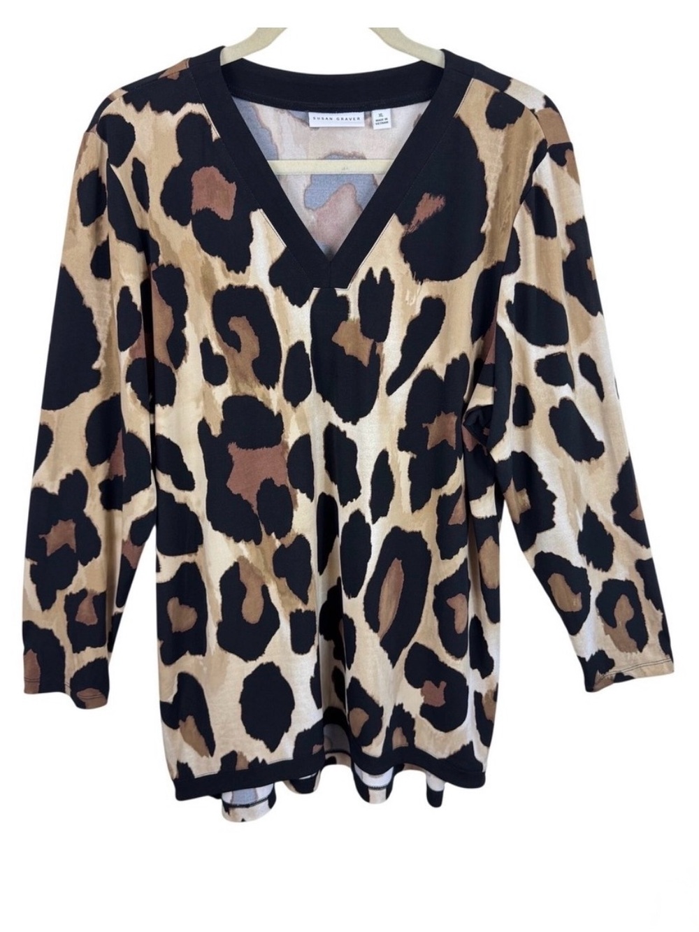 Susan Graver Leopard Print V-Neck Tunic in Black and Tan